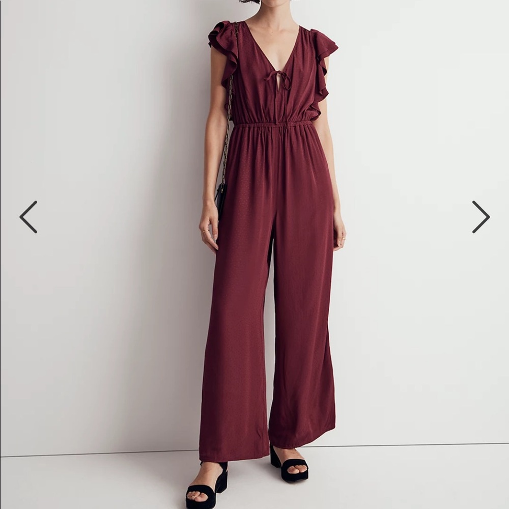 Deep V red ruffled jumpsuit